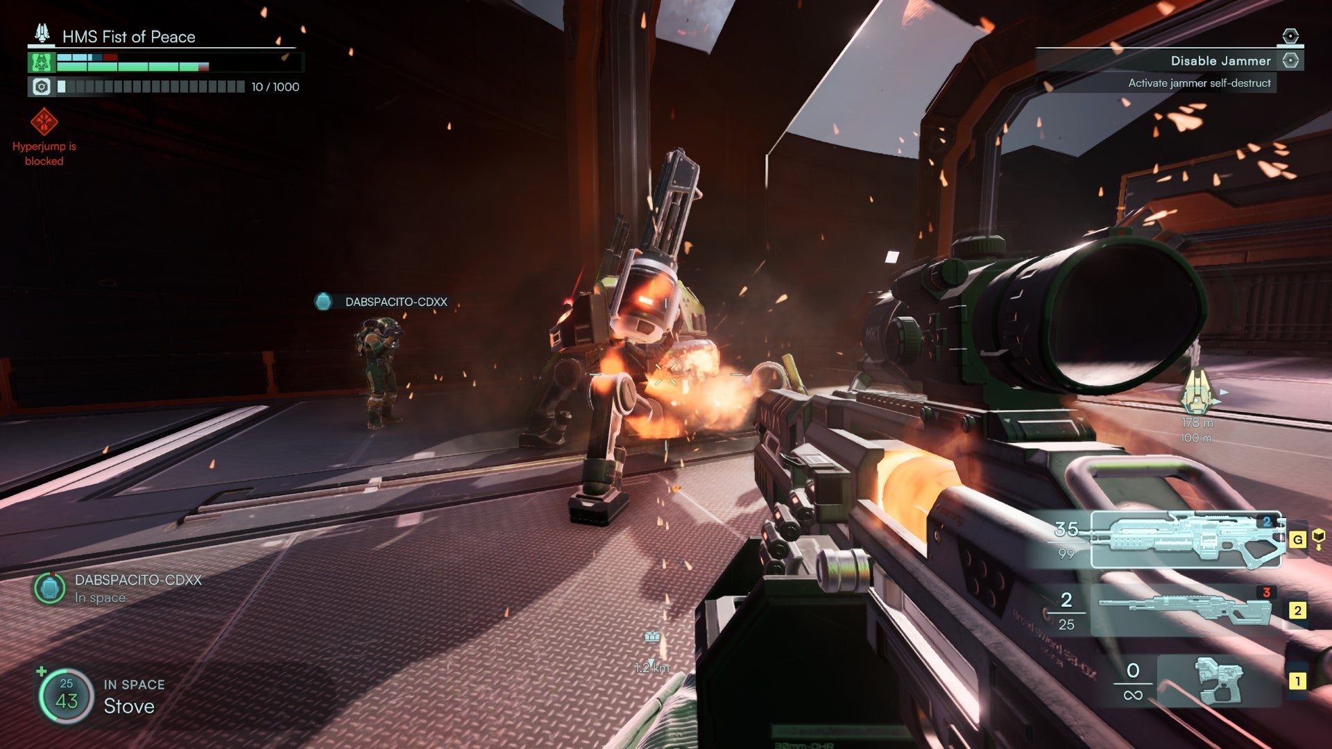 Defeating a big robot with an LMG in Jump Space. - 3