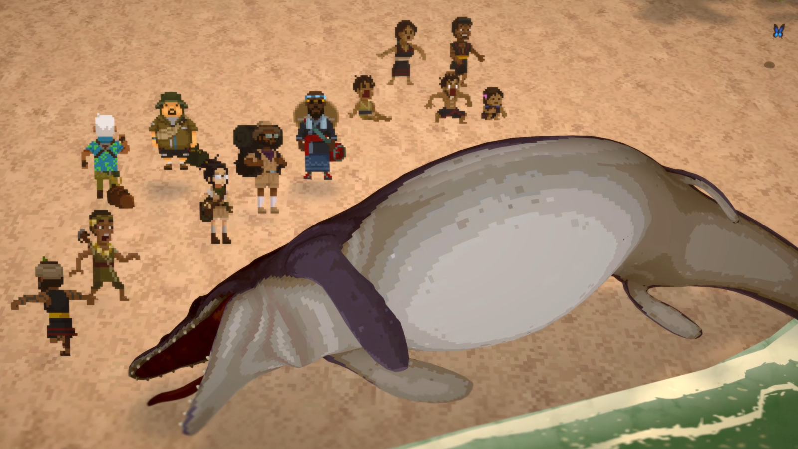 Ukázka z DLC: postavy na pláži u vyplaveného dinosaura