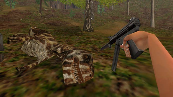 The player in Jurassic Park Trespasser standing over the body of a velociraptor