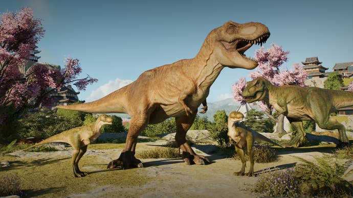 A household of T-Rexes successful captivity, successful Jurassic World Evolution 3.
