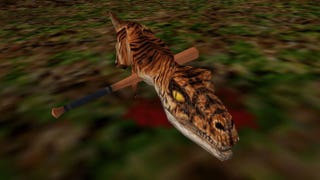 A dead velociraptor with a baseball bat clipped right through its body in Jurassic Park Trespasser