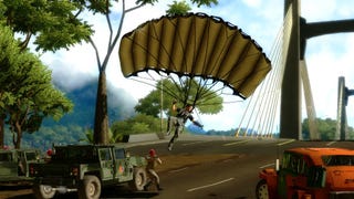 Screenshot from Just Cause 2 showing a male character parachuting onto a bridge with several cars parked on it.