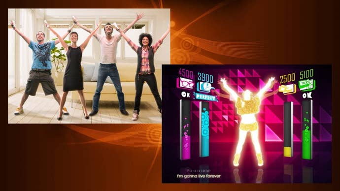 A group of four people dance beside each other, next to a screenshot of Just Dance for Wii