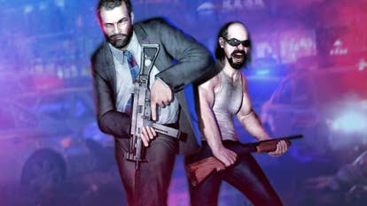 A man in a suit jacket and a man in a vest stand, armed, painted in red and blue light from a police car behind them.