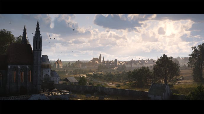 A view of city spires and trees against a cloudy sky in Kingdom Come: Deliverance 2