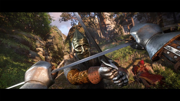 A first-person view of a sword fight with blades locking in Kingdom Come: Deliverance 2