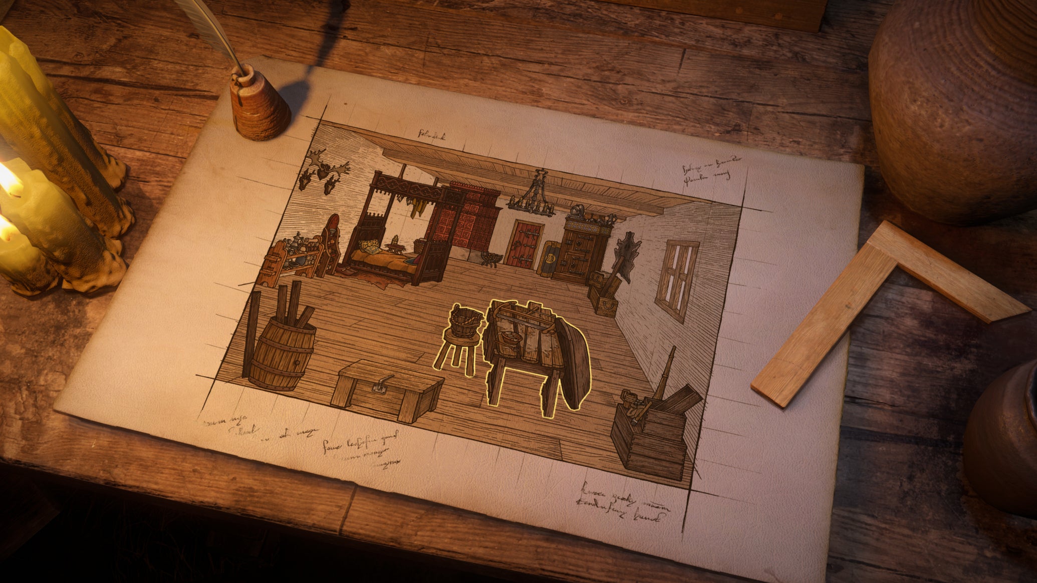 A draughtsman's illustration of a house interior with tools and an inkwell and candles, from the Legacy of the Forge DLC for Kingdom Come: Deliverance 2. - 1
