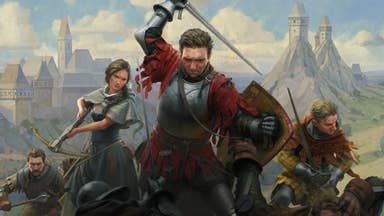 Kingdom Come Deliverance 2 artwork showing medieval soldier holding a sword above his head in collage with other characters in front of mountainous backdrop