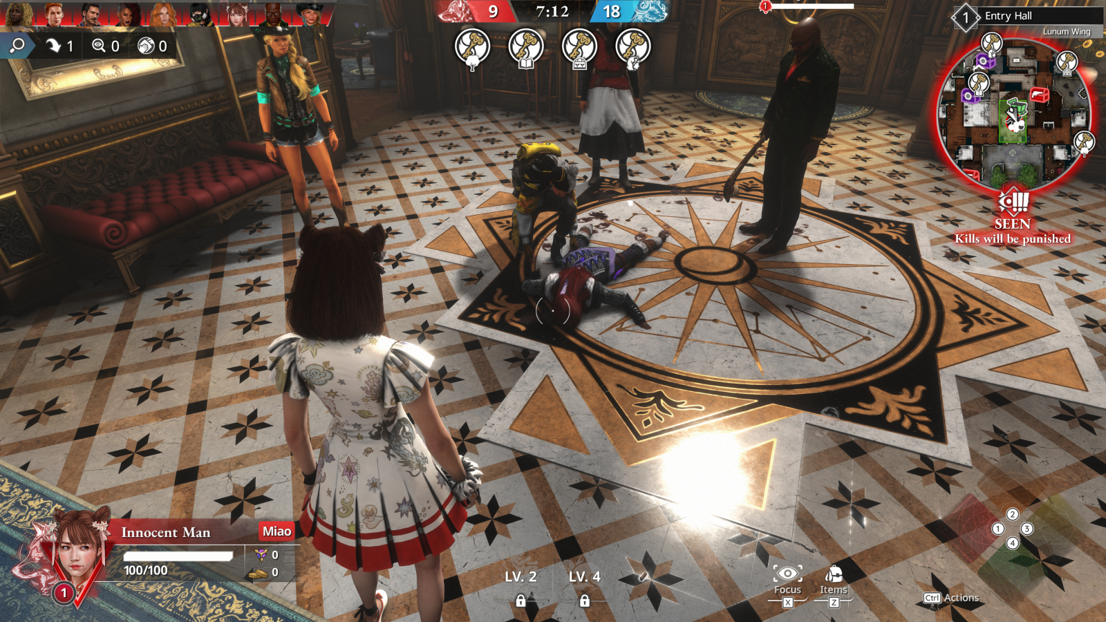 Killer Inn screenshot showing multiple characters in a fancy mansion room surrounding a dead body