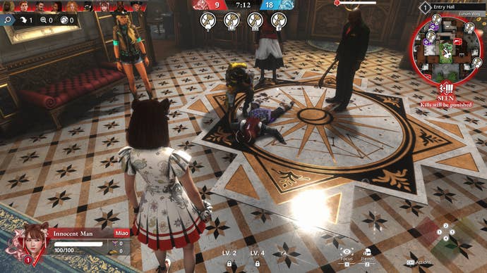 Killer Inn screenshot showing multiple characters in a fancy mansion room surrounding a dead body