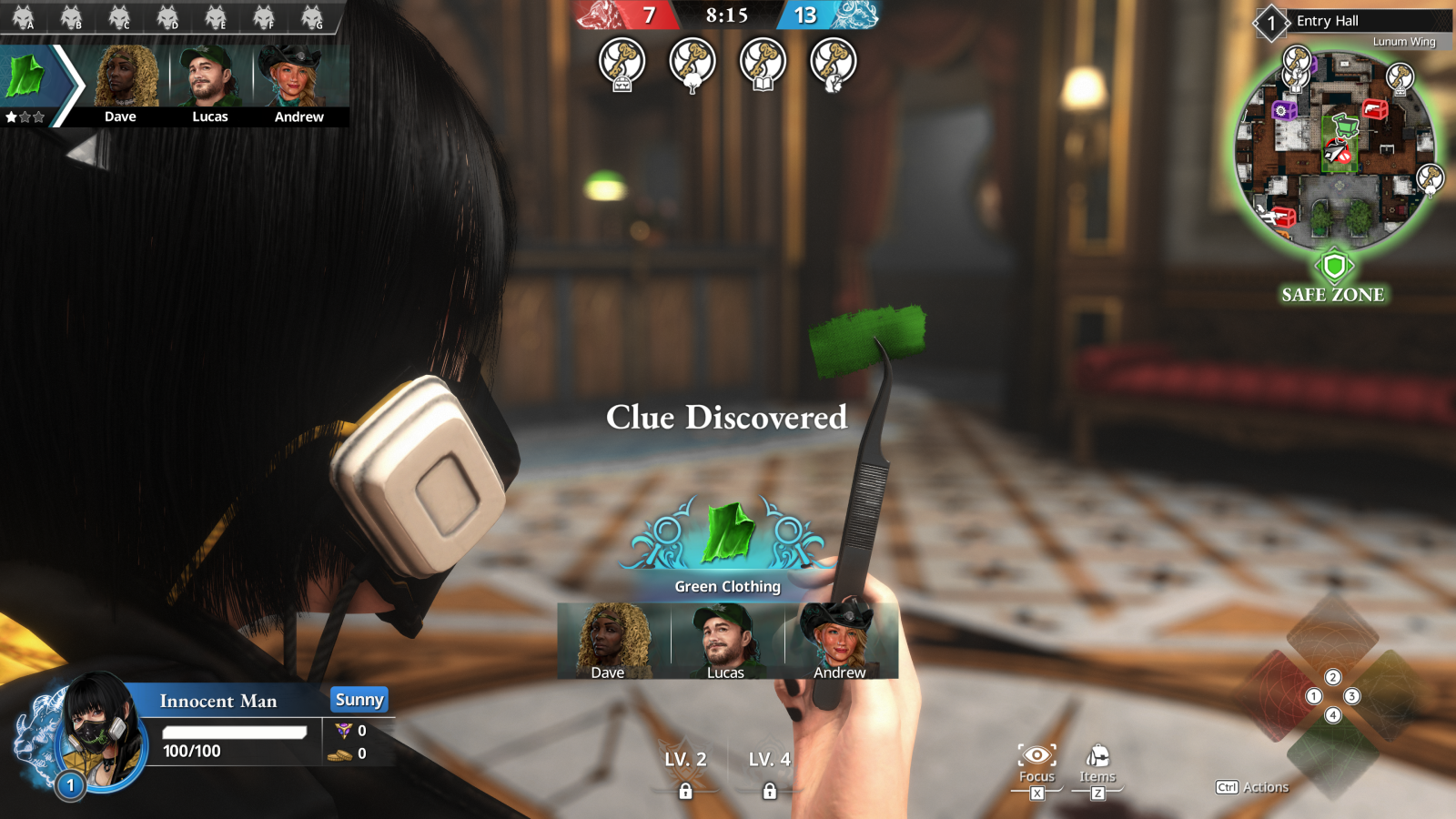 Killer Inn screenshot showing close up of character holding fragment of fabric in tweezers with 