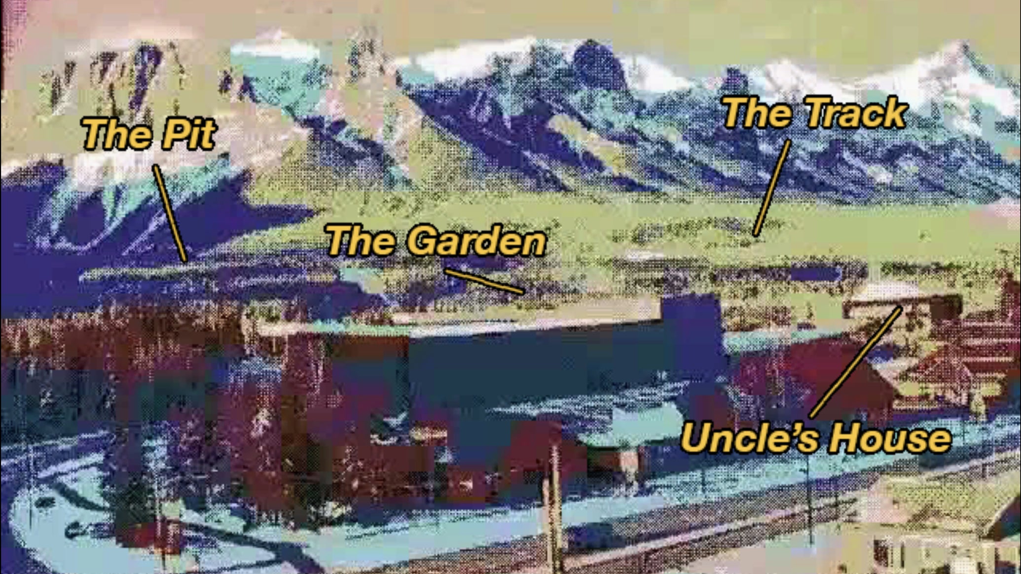 A scene from sci-fi climate fable Known Mysteries, showing a pixellated and oddly coloured image of a mountain town with areas marked in bold yellow text - 1