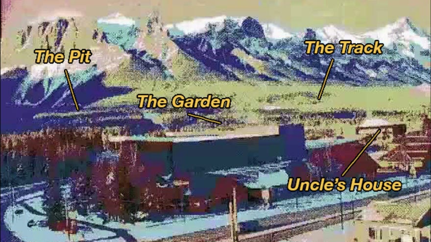 A scene from sci-fi climate fable Known Mysteries, showing a pixellated and oddly coloured image of a mountain town with areas marked in bold yellow text