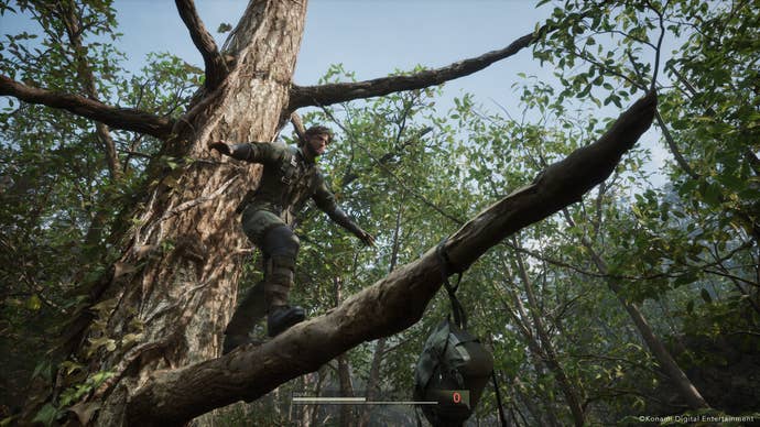 Snake walking along a tree branch in Metal Gear Solid Delta: Snake Eater