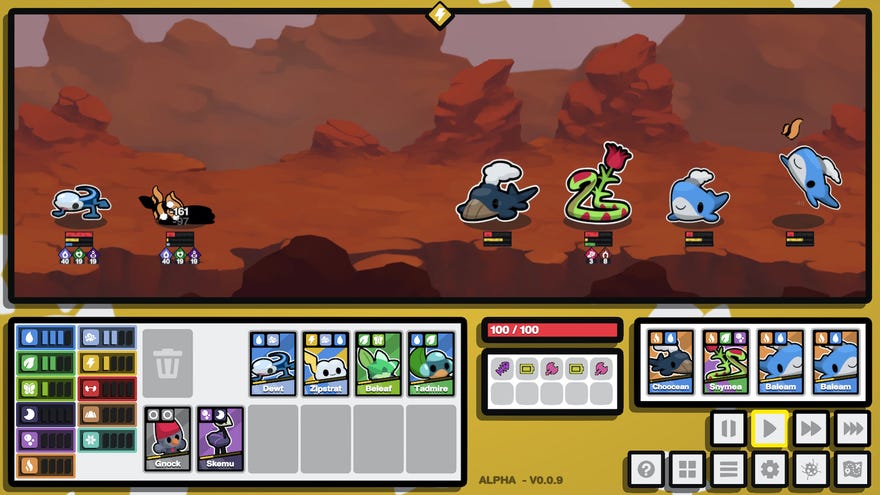 Two creatures on the left fight against four creatures on the right side of the screen in a screenshot from Kādomon: Hyper Auto Battlers
