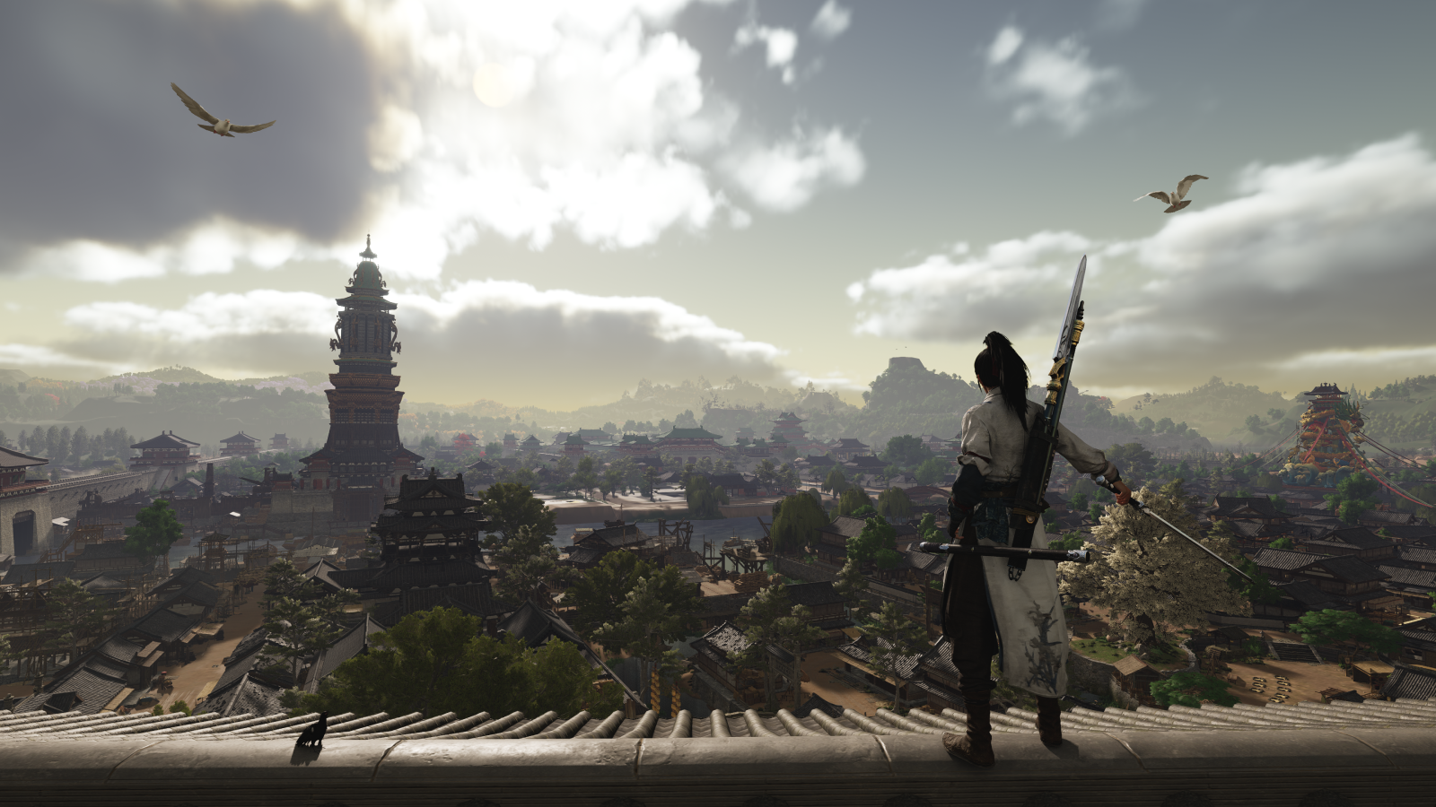 Where Winds Meet screenshot showing Chinese wuxia hero with sword looking out over a medieval Chinese city