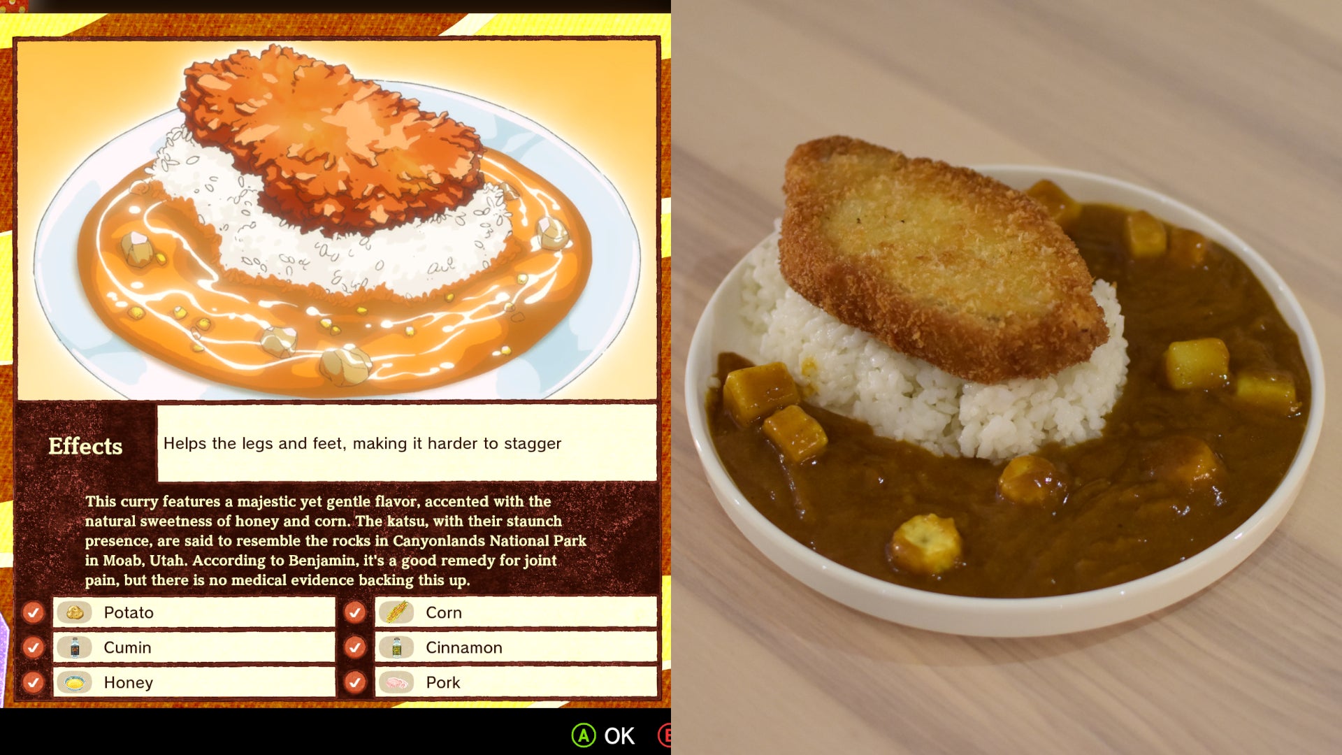 Romeo is a Dead Man's Katsu Moab curry, as it appears both in-game and recreated in real life.