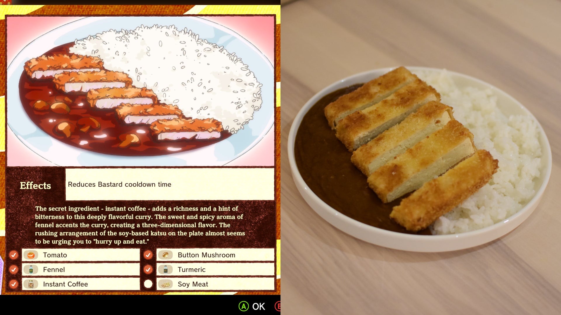 Romeo is a Dead Man's Katsu Presto curry, as it appears both in-game and recreated in real life.