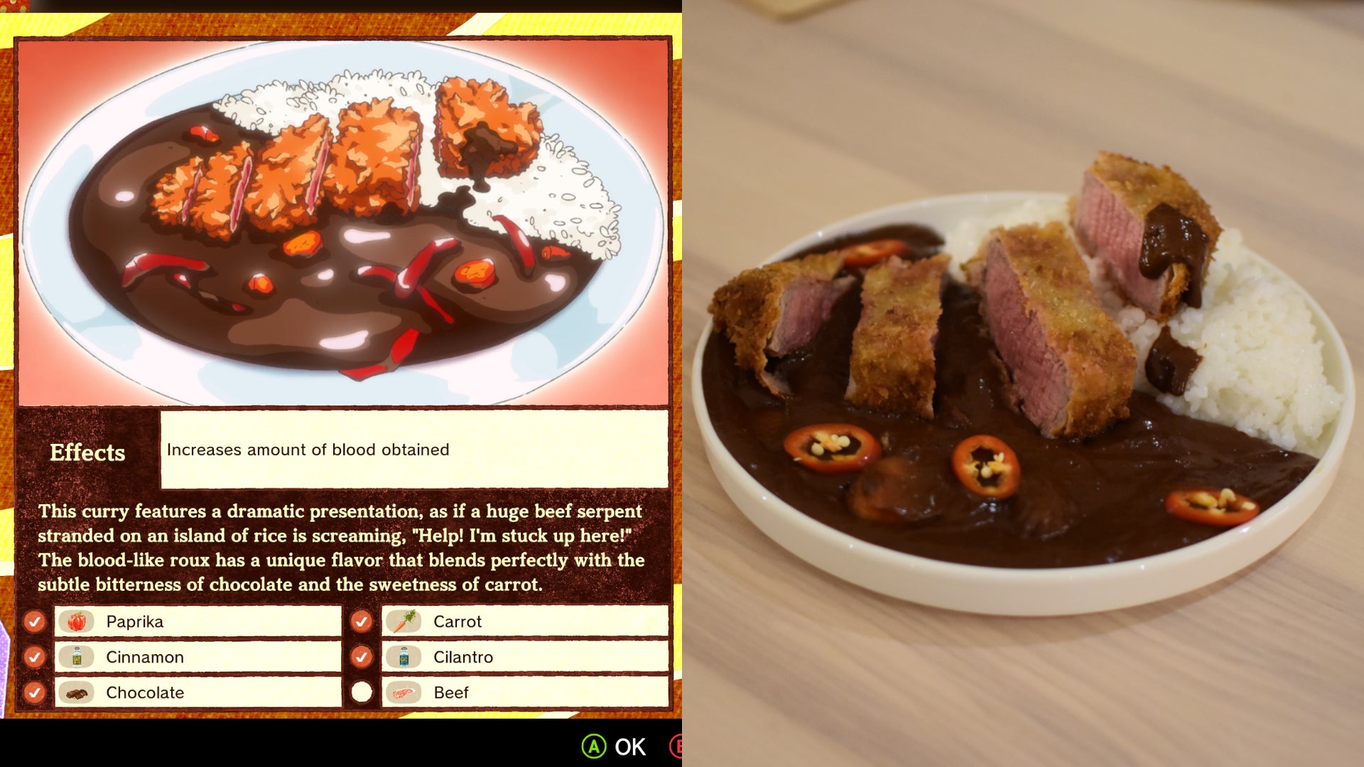 Romeo is a Dead Man's Katsu Python curry, as it appears both in-game and recreated in real life.