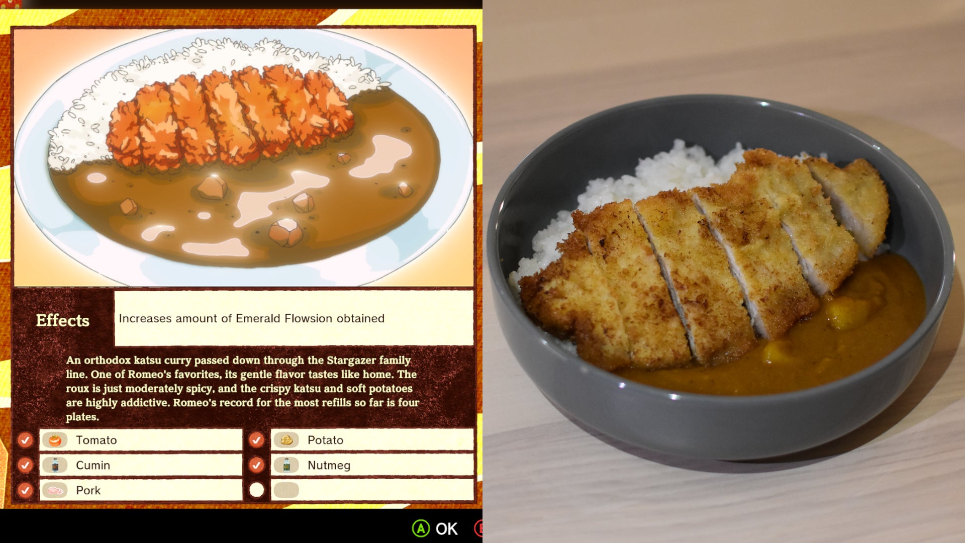 Romeo is a Dead Man's Katsu Stargazer curry, as it appears both in-game and recreated in real life.