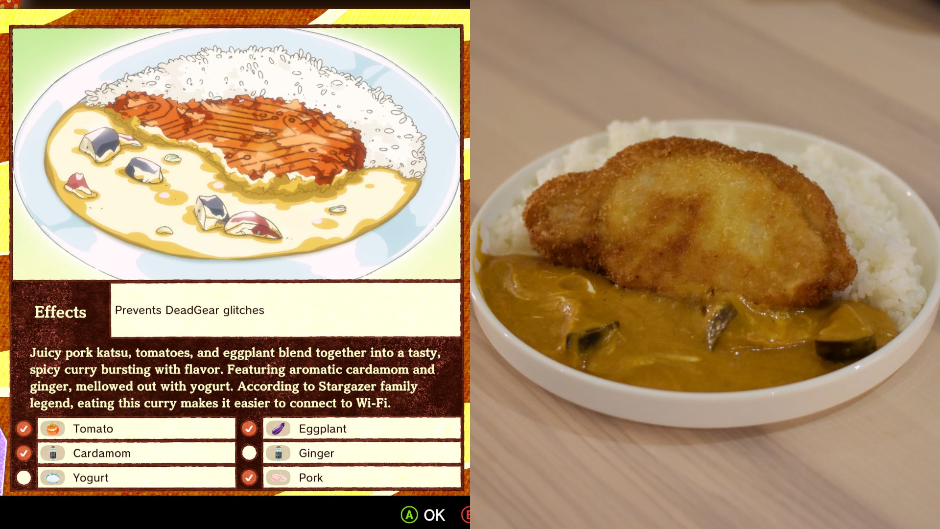Romeo is a Dead Man's Katsu Tech curry, as it appears both in-game and recreated in real life.