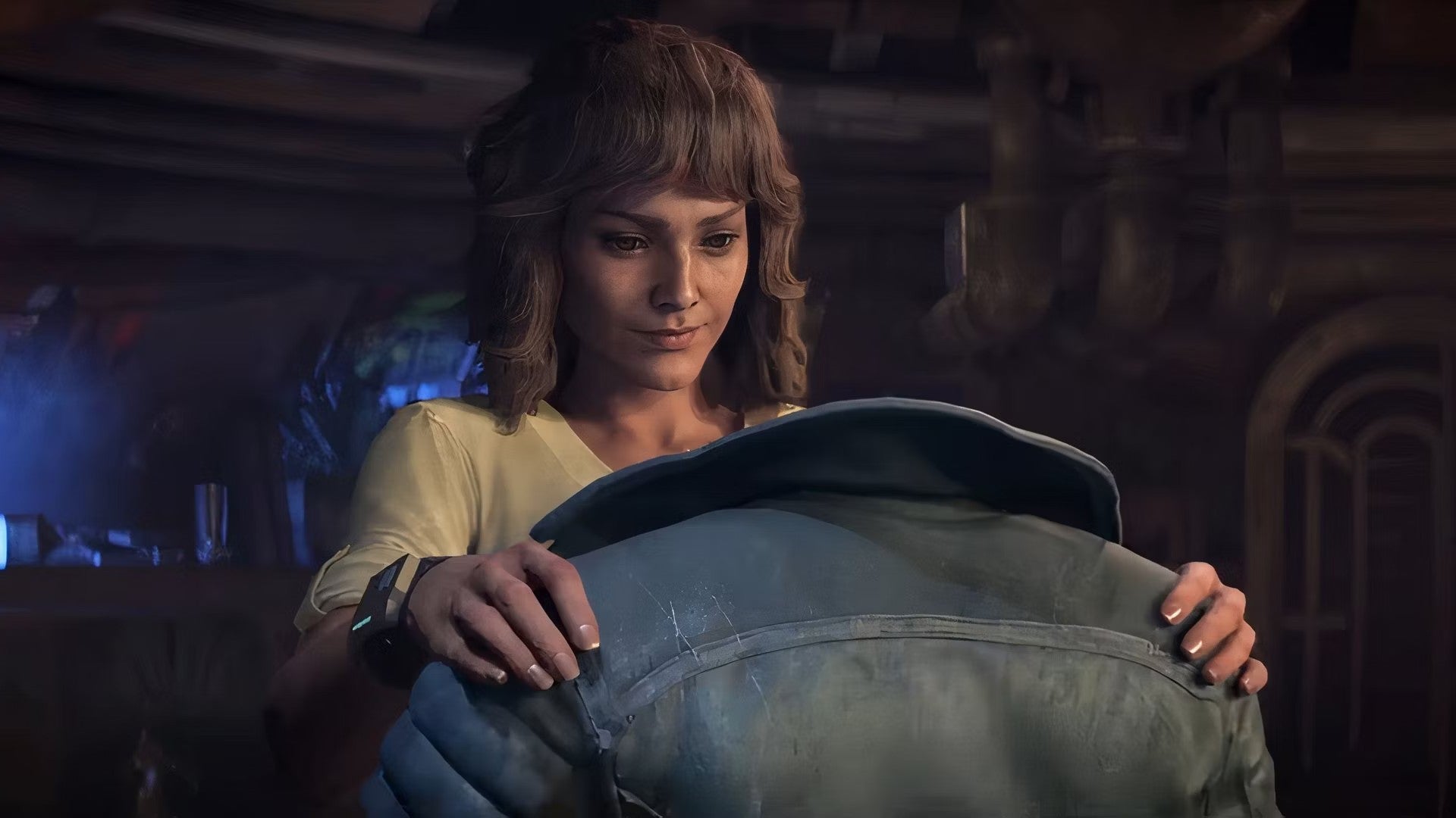 Kay Vess holds up her jacket in Star Wars Outlaws