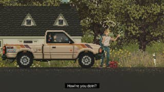 A pickup truck is pulled over in front of a house in Keep Driving.