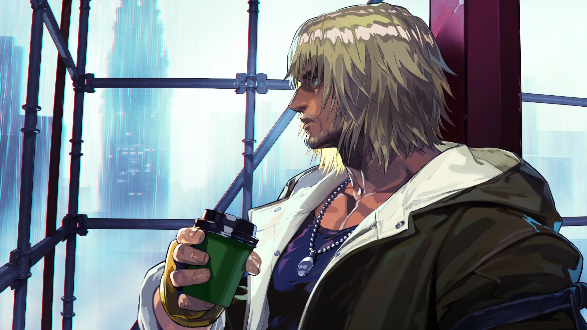 Ken from Street Fighter 6 looks out of the window of a construction site, gripping a takeaway coffee, looking morose. - 1