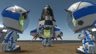 Three green Kerbals in space suits in Kerbal Space Program 2