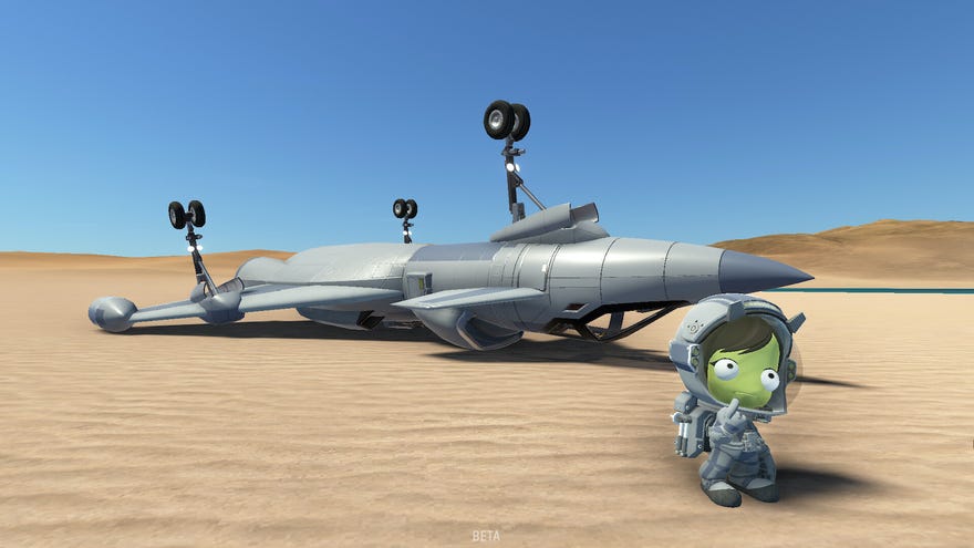 A Kerbal looks confused while their spaceship is upside down in the desert from a Kerbal Space Program 2 screenshot.