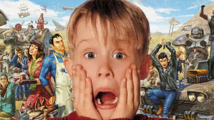Kevin from Home Alone holds his hands to his face in shock over a Fallout artwork scene showing Vault Dwellers and wasteland chaos