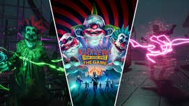 A Killer Klown and a human being targeted by the Cotton Candy Raygun are shown on either side of the Killer Klowns from Outer Space The Game logo