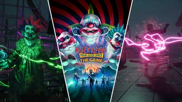 A Killer Klown and a human being targeted by the Cotton Candy Raygun are shown on either side of the Killer Klowns from Outer Space The Game logo