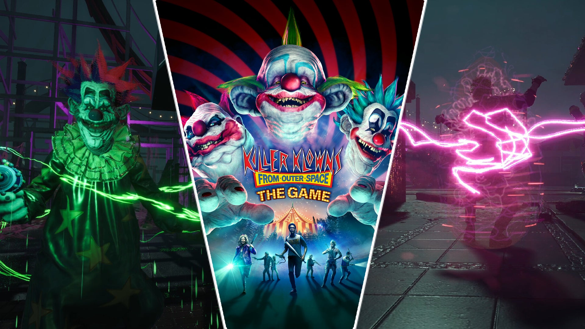 A Killer Klown and a human being targeted by the Cotton Candy Raygun are shown on either side of the Killer Klowns from Outer Space The Game logo - 1