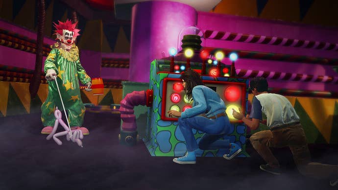 A Klown sniffs out human survivors using a sentient Balloon Dog inside an arcade in Killer Klowns from Outer Space The Game
