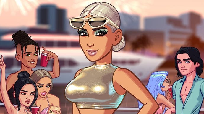 Screen from Kim Kardashian Hollywood showing the reality star in cartoony artwork wearing a gold bikini top, and her sunglasses pushed over her forehead. Her blond hair is tied back in a low bun