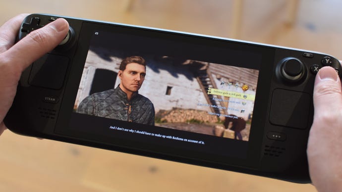 A conversation in Kingdom Come: Deliverance 2, running on a Steam Deck.