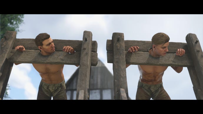 Henry and Hans sulk in the stockades in a Kingdom Come Deliverance 2 cutscene.