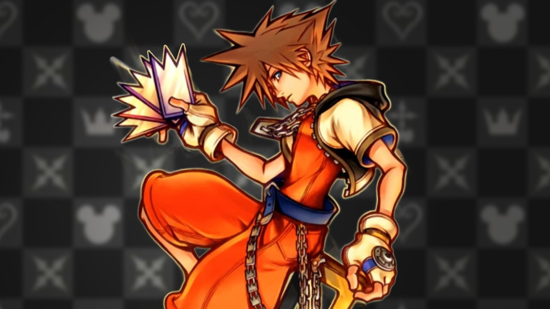 Sora, on a backdrop of Kingdom Hearts tiles