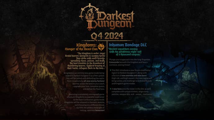A Darkest Dungeon 2 promo image showing plans for the Kingdoms update in 2024 and the Inhuman Bondage DLC