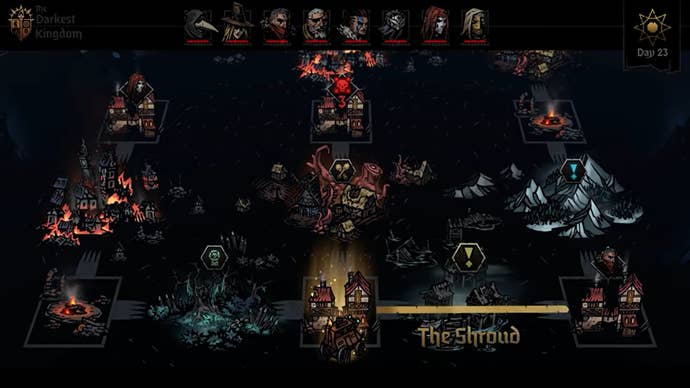 A screencap from the Darkest Dungeon 2 Kingdoms update trailer showing the world map with biomes linked by towns