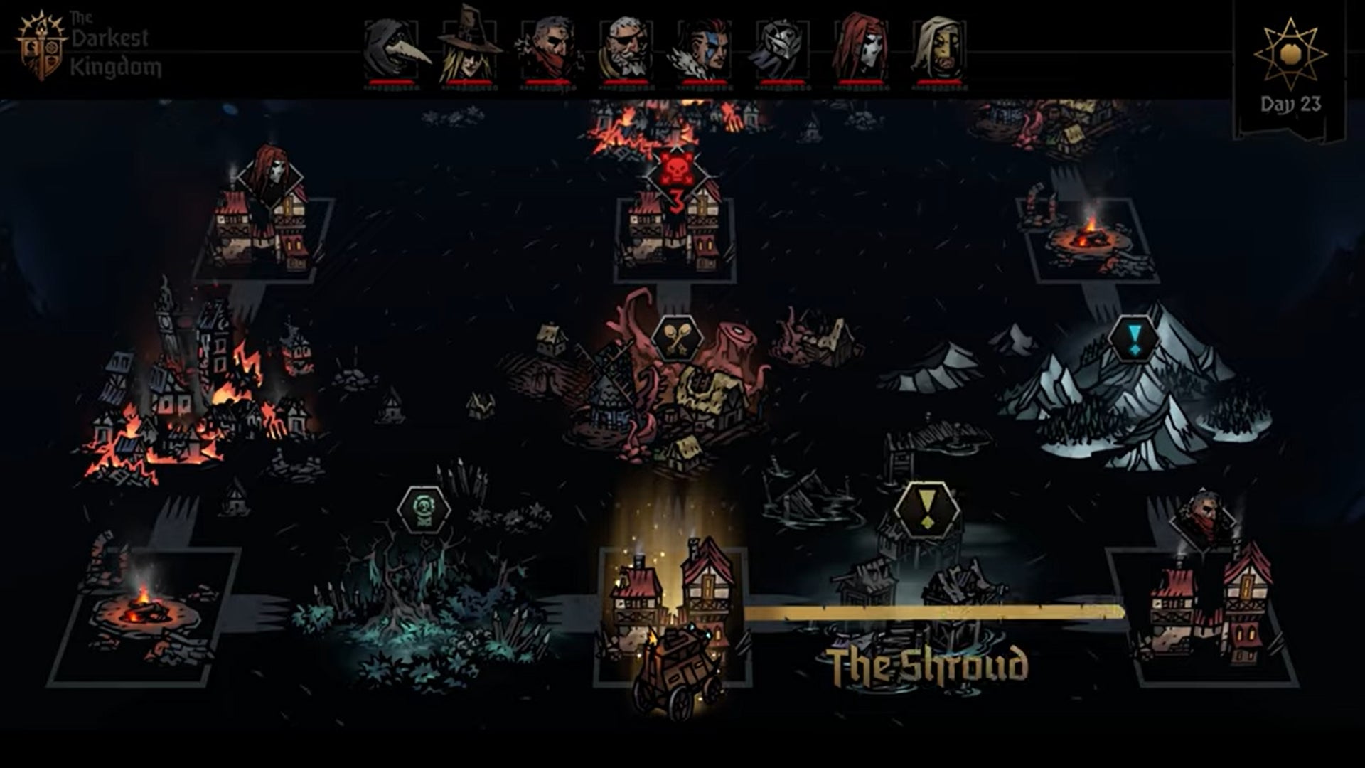 A screencap from the Darkest Dungeon 2 Kingdoms update trailer showing the world map with biomes linked by towns - 1