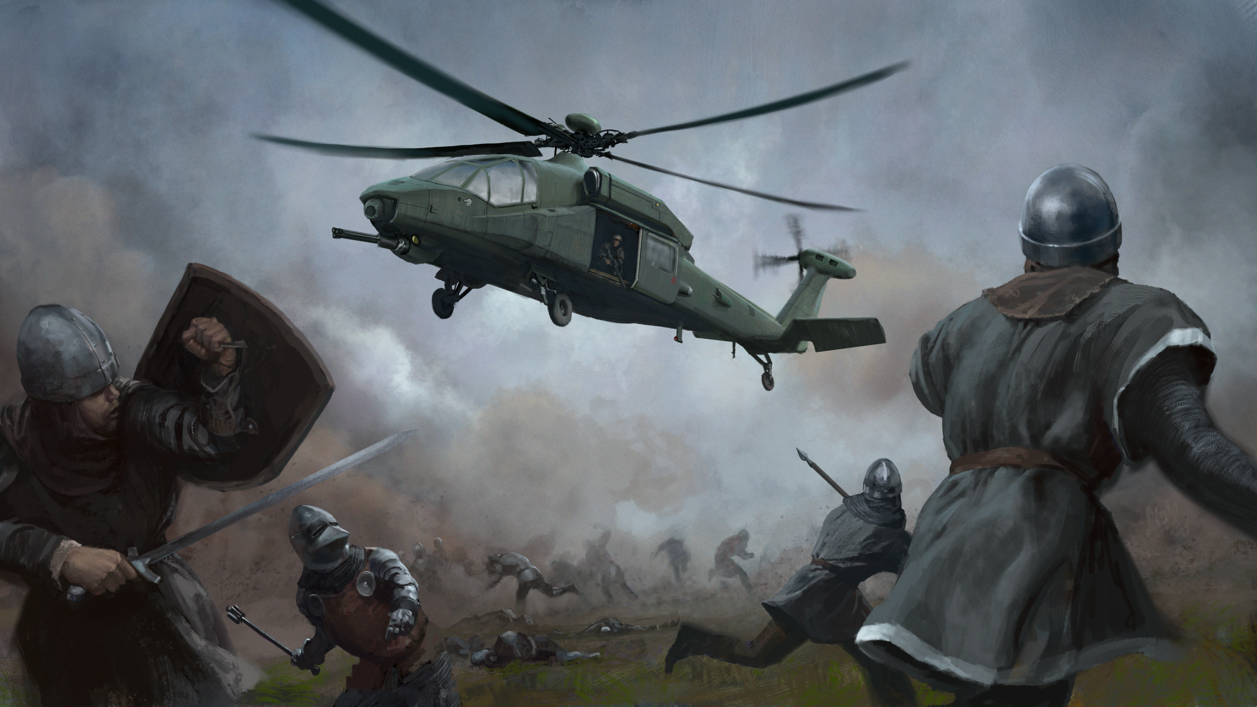 Kingmakers concept art showing a helicopter menacing medieval soldiers