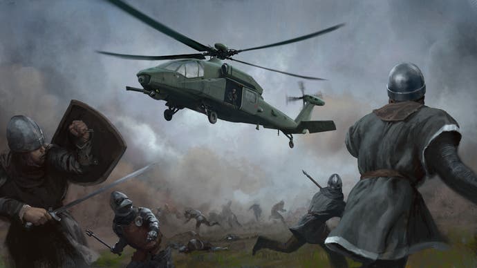 Kingmakers concept art showing a helicopter menacing medieval soldiers