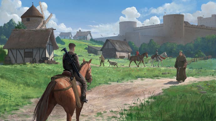 Kingmakers concept art showing a gun-toting horseman approaching a medieval village