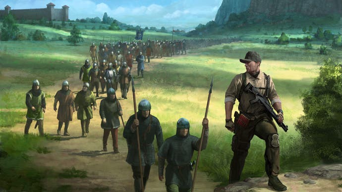 Kingmakers concept art showing a modern soldier leading medieval troops