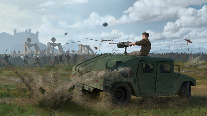 Kingmakers concept art showing a humvee vs catapults