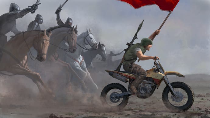 Kingmakers concept art showing a dirt bike leading a cavalry charge