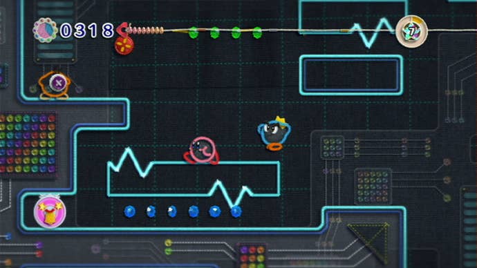 Kirby and friends roam around a platforming level in Kirby’s Epic Yarn