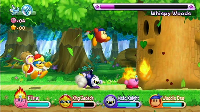 Kirby, Waddle Dee, Meta Knight and King Dedede walk through a level in Kirby's Return ot Dream Land